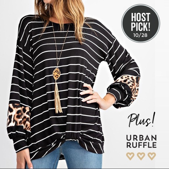 Urban Ruffle Tops - 1X/2X/3X Striped Color Block Top with Animal Print